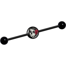 Load image into Gallery viewer, 14G Katrina Sugar Skull with Rose Flower Black Industrial Barbell 37mm