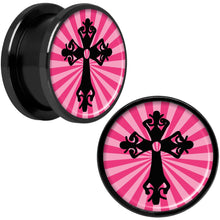 Load image into Gallery viewer, Pink Black Radiant Cross Black Anodized Screw Fit Plug Set 5/8
