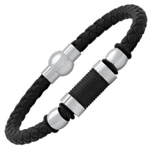 Load image into Gallery viewer, Men's Black Braided Leather, Black Threat and Stainless Steel Bracelet