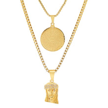 Load image into Gallery viewer, Men's Box Chain Double Row Pendant and Jesus Head Necklace
