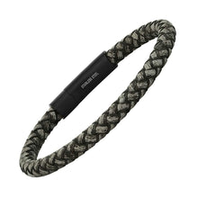 将图片加载到图库查看器,Men's Braided Black/Gray Leather and Black IP Stainless Steel Clasp Bracelet