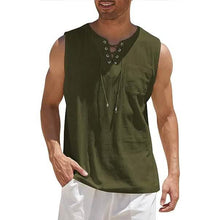 Load image into Gallery viewer, Men's Cotton Linen Tank Top Shirts Casual Sleeveless Lace Up Beach Hippie Tops Bohemian Renaissance Pirate Tunic