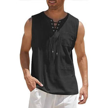 Load image into Gallery viewer, Men's Cotton Linen Tank Top Shirts Casual Sleeveless Lace Up Beach Hippie Tops Bohemian Renaissance Pirate Tunic