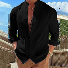 Load image into Gallery viewer, Men's Linen Button Up Shirt Long Sleeve Plain Band Collar