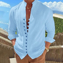 Load image into Gallery viewer, Men's Linen Button Up Shirt Long Sleeve Plain Band Collar
