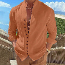 Load image into Gallery viewer, Men's Linen Button Up Shirt Long Sleeve Plain Band Collar
