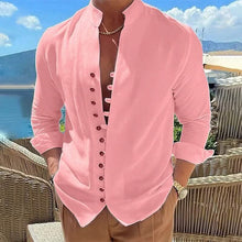Load image into Gallery viewer, Men's Linen Button Up Shirt Long Sleeve Plain Band Collar