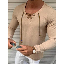 Load image into Gallery viewer, Men's Solid V Neck Long Sleeved Cotton Linen Shirt
