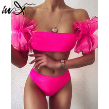 Load image into Gallery viewer, Mesh Ruffle Swimsuit Female Bikini Strapless Swimwear Women High Waist Bikini Set Black Pink Bathing Suit Women Ruffle Bikini Yellow Swimsuit Two Piece Flounce Bathing Suit Set