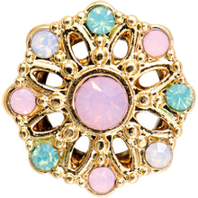 Load image into Gallery viewer, Pink Green White Gem Glam Flower Double Flare Tunnel Plug Set