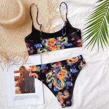 Load image into Gallery viewer, Modern Blue High Waist Bikini Push Up Swimwear Women Dragon Printed Bikini Set Retro Swimsuit Women's High Waist Bikini Swimsuits Twist Push Up Two Piece Bathing Suits Tummy Control Swimwear
