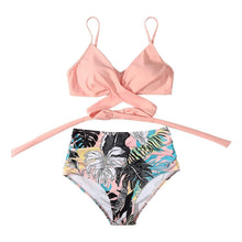 Load image into Gallery viewer, Modern Floral Bikini 2 Pieces Flower Print Bikini Set Women Crisscross High Waist String 2 Piece Bathing Suits High Waist Women's Swimsuit Shorts Solid Bikini Floral Summer Bikini Set
