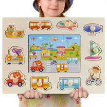 Load image into Gallery viewer, Montessori Wooden Puzzles Hand Grab Boards Toys Tangram Baby Educational Toys Cartoon Vehicle Animals Fruits 3D Puzzles