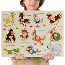 Load image into Gallery viewer, Montessori Wooden Puzzles Hand Grab Boards Toys Tangram Baby Educational Toys Cartoon Vehicle Animals Fruits 3D Puzzles