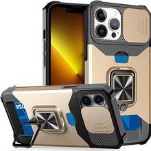 将图片加载到图库查看器,Multifunctional Card Holder Heavy Duty Protective iPhone Case For iPhone 14 13 12 11 Pro Max Slide Camera Kickstand Card Holder Slot Wallet Protective With Ring Stand Cover Magnetic Strong Phone Case