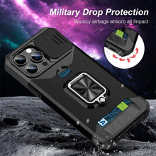 将图片加载到图库查看器,Multifunctional Card Holder Heavy Duty Protective iPhone Case For iPhone 14 13 12 11 Pro Max Slide Camera Kickstand Card Holder Slot Wallet Protective With Ring Stand Cover Magnetic Strong Phone Case