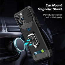 将图片加载到图库查看器,Multifunctional Card Holder Heavy Duty Protective iPhone Case For iPhone 14 13 12 11 Pro Max Slide Camera Kickstand Card Holder Slot Wallet Protective With Ring Stand Cover Magnetic Strong Phone Case