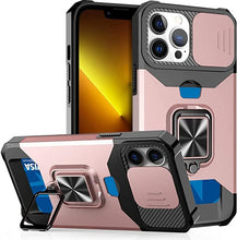 将图片加载到图库查看器,Multifunctional Card Holder Heavy Duty Protective iPhone Case For iPhone 14 13 12 11 Pro Max Slide Camera Kickstand Card Holder Slot Wallet Protective With Ring Stand Cover Magnetic Strong Phone Case