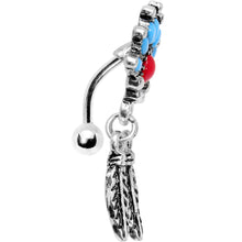 Load image into Gallery viewer, Red Blue Orb Fan Feather Top Mount Dangle Belly Ring