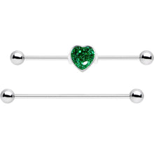 Load image into Gallery viewer, 14G Green Glitter Heart Industrial Barbell 38mm Set of 2