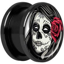Load image into Gallery viewer, Katrina Sugar Skull with Rose Flower Black Anodized Screw Fit Plug Set 5/8