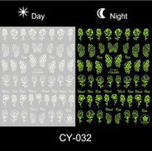 Load image into Gallery viewer, Nail Stickers Back Glue Fluorescent Light Flame Butterfly Moon Love Pattern Designs Nail Decal Decoration Tips For Beauty Salons Glow in Dark Nail Stickers Self-Adhesive Nail Art Decals Butterfly Flower Star Heart Nail Strips Glow Dark Nail Art Manicure