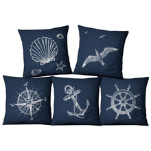 将图片加载到图库查看器,Navigation Navy Blue Nautical Shell Starfish Linen Pillow Cover Blue Anchor Navigation Anchor Sailboat Pillowcase Marine Cushion Cover Sofa Home Decorative Cushion Cover For Home