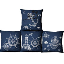 将图片加载到图库查看器,Navigation Navy Blue Nautical Shell Starfish Linen Pillow Cover Blue Anchor Navigation Anchor Sailboat Pillowcase Marine Cushion Cover Sofa Home Decorative Cushion Cover For Home