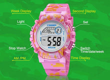 Load image into Gallery viewer, Navy Blue Camouflage Kids Watches LED Colorful Flash Digital Waterproof Date Week Creative Children Watch Sport Multi Function 30M Waterproof LED Alarm Stopwatch Digital Child Wristwatch For Boy Girl