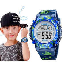Load image into Gallery viewer, Navy Blue Camouflage Kids Watches LED Colorful Flash Digital Waterproof Date Week Creative Children Watch Sport Multi Function 30M Waterproof LED Alarm Stopwatch Digital Child Wristwatch For Boy Girl