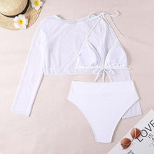 Load image into Gallery viewer, Neon Yellow Crop Top Swimwear Women Summer 3 Pieces Swimsuit Bikini Sets With Sheer Crop Top Cover Up Beachwear Mesh Long Sleeve Cover Ups Top Three Piece Swimsuit Bikini Set