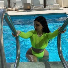 Load image into Gallery viewer, Neon Yellow Crop Top Swimwear Women Summer 3 Pieces Swimsuit Bikini Sets With Sheer Crop Top Cover Up Beachwear Mesh Long Sleeve Cover Ups Top Three Piece Swimsuit Bikini Set