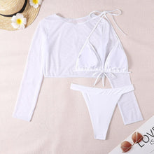 Load image into Gallery viewer, Neon Yellow Crop Top Swimwear Women Summer 3 Pieces Swimsuit Bikini Sets With Sheer Crop Top Cover Up Beachwear Mesh Long Sleeve Cover Ups Top Three Piece Swimsuit Bikini Set
