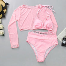 Load image into Gallery viewer, Neon Yellow Crop Top Swimwear Women Summer 3 Pieces Swimsuit Bikini Sets With Sheer Crop Top Cover Up Beachwear Mesh Long Sleeve Cover Ups Top Three Piece Swimsuit Bikini Set