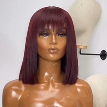 Load image into Gallery viewer, New Arrival Burgundy Red Short Human Hair Wig With Fringe for Women Straight Remy Hair Bob Wigs With Bangs Dark Brown Balayage Color Wigs For Cosplay