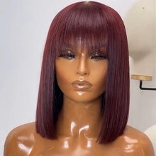 Load image into Gallery viewer, New Arrival Burgundy Red Short Human Hair Wig With Fringe for Women Straight Remy Hair Bob Wigs With Bangs Dark Brown Balayage Color Wigs For Cosplay