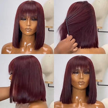 Load image into Gallery viewer, New Arrival Burgundy Red Short Human Hair Wig With Fringe for Women Straight Remy Hair Bob Wigs With Bangs Dark Brown Balayage Color Wigs For Cosplay