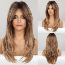 将图片加载到图库查看器,New Arrival Long Straight Wigs Ombre Black Blonde Ash Wig with Bangs Heat Resistant Synthetic Wigs for Women Stylish Wigs For Black Women Cosplay Wigs For Women