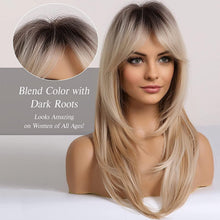 将图片加载到图库查看器,New Arrival Long Straight Wigs Ombre Black Blonde Ash Wig with Bangs Heat Resistant Synthetic Wigs for Women Stylish Wigs For Black Women Cosplay Wigs For Women