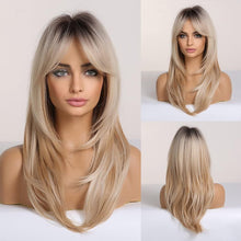 将图片加载到图库查看器,New Arrival Long Straight Wigs Ombre Black Blonde Ash Wig with Bangs Heat Resistant Synthetic Wigs for Women Stylish Wigs For Black Women Cosplay Wigs For Women