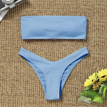 将图片加载到图库查看器,New Bikini High Waist Strapless Bikini Women Swimwear Women Swimsuit Padded Bathing Suit Pure Color Women's Bandeau Bikini Top-High Leg High Waist Bikini Bottom Set