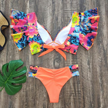 将图片加载到图库查看器,New Bikini Set Female Ruffle Swimwear Women Print Floral Push Up Swimsuit Bathing Suit Flounce Bikini Set Women Side Bandage Two Piece Swimsuit Beachwear