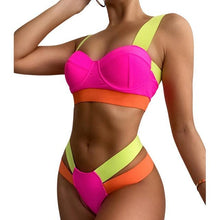 Load image into Gallery viewer, New Bikini Sets Black Push Up Swimsuit Women Neon Patchwork Bikini Swimsuit 2 Piece Cutout Molded Push Up Bathing Suit Women Swimwear Splicing Bathing Suit Holiday Beach Swimming Suit