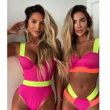 Load image into Gallery viewer, New Bikini Sets Black Push Up Swimsuit Women Neon Patchwork Bikini Swimsuit 2 Piece Cutout Molded Push Up Bathing Suit Women Swimwear Splicing Bathing Suit Holiday Beach Swimming Suit