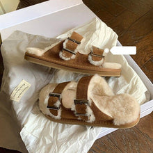 将图片加载到图库查看器,New Cotton Wool Shoes Double Buckle Belt Wool Shoes Indoor Outdoor Wear Warm Slippers Comfy Soft Women Slippers Fur Lined Orthopedic Indoor House Shoes With Adjustable Buckle
