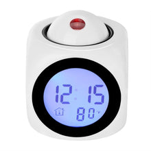 Load image into Gallery viewer, New Creative Attention Projection Digital Weather LCD Snooze Clock Projection Alarm Clock Wake Up Bedroom with Data and Temperature Display Talking Function LED Wall/Ceiling Projection Bell Alarm Display Backlight LED Projector Home Clock Timer