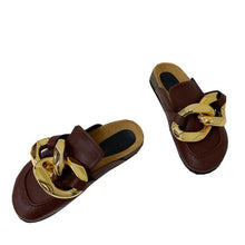 Load image into Gallery viewer, Gold Chain Women Slipper Closed Toe Slip On Mules Shoes Round Toe Low Heels Casual Slides Flat Sandals Slip On Slide Sandals Elegant Heels Slides Slippers