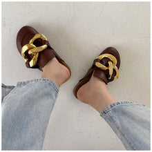 Load image into Gallery viewer, Gold Chain Women Slipper Closed Toe Slip On Mules Shoes Round Toe Low Heels Casual Slides Flat Sandals Slip On Slide Sandals Elegant Heels Slides Slippers
