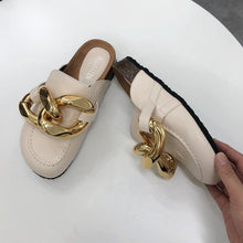 Load image into Gallery viewer, Gold Chain Women Slipper Closed Toe Slip On Mules Shoes Round Toe Low Heels Casual Slides Flat Sandals Slip On Slide Sandals Elegant Heels Slides Slippers