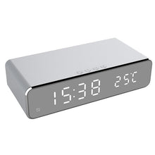 Load image into Gallery viewer, New Electric LED Alarm Clock With Mobile Phone Wireless Charger HD Clock Digital Alarm Clock with Wireless Charging 3 Alarms LED Display Sound Control and Snooze Dual for Bedroom Bedside Office Mirror With Time Memory Digital Thermometer Clock